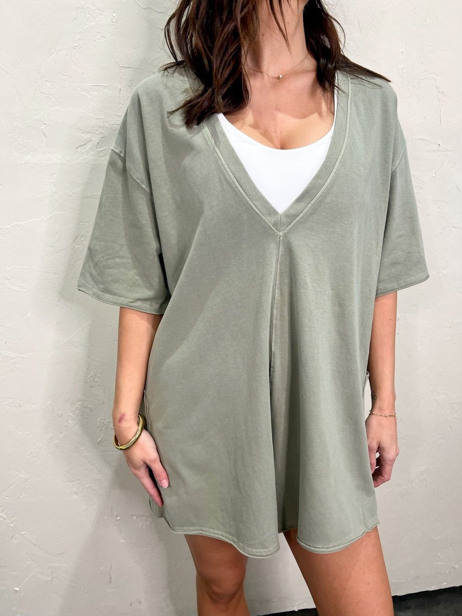 Free People: Hot Shot Tee Romper Coddy - Sage Stone - Revel Boutique