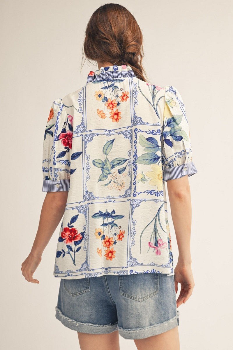 Garden Party Ruffle Blouse - Blue - Revel Boutique
