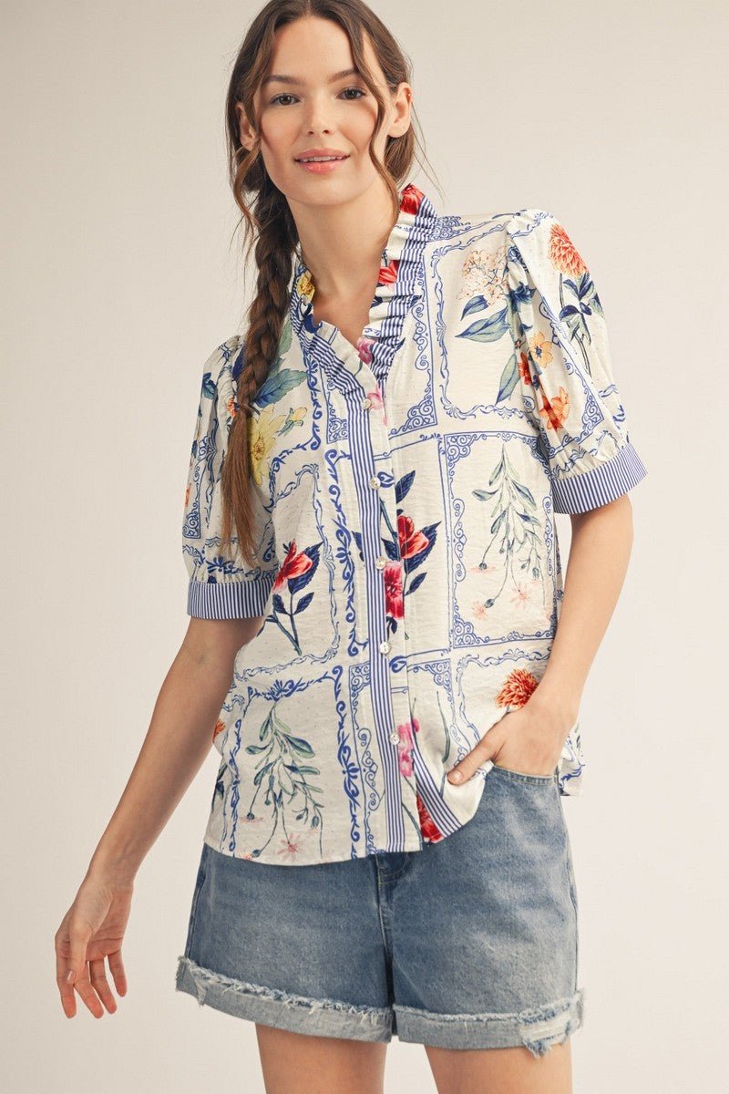Garden Party Ruffle Blouse - Blue - Revel Boutique