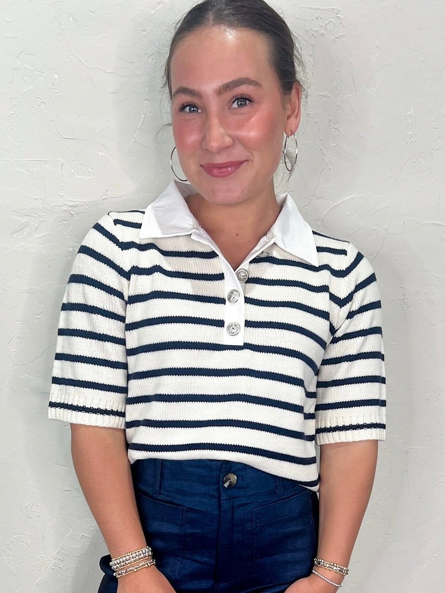 Gemma Striped Knit Polo - Revel Boutique