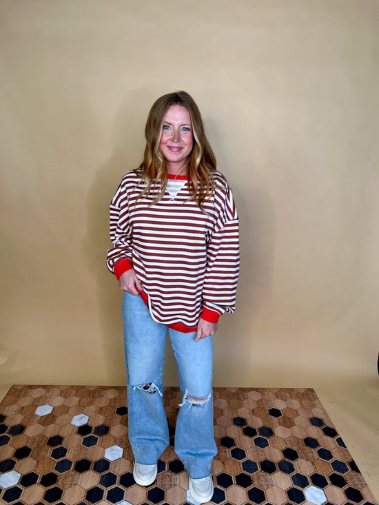 Load image into Gallery viewer, Going Viral Oversized Stripe Top - Chestnut/Ivory - Revel Boutique
