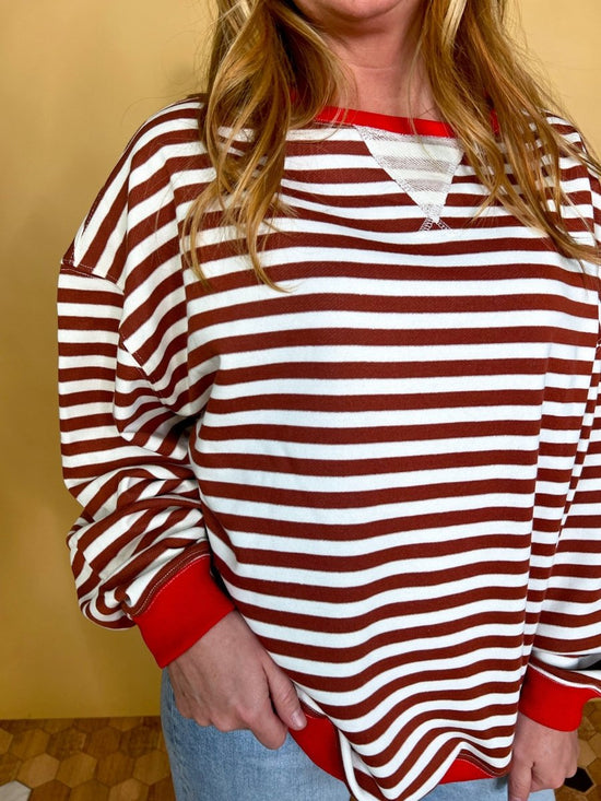Load image into Gallery viewer, Going Viral Oversized Stripe Top - Chestnut/Ivory - Revel Boutique
