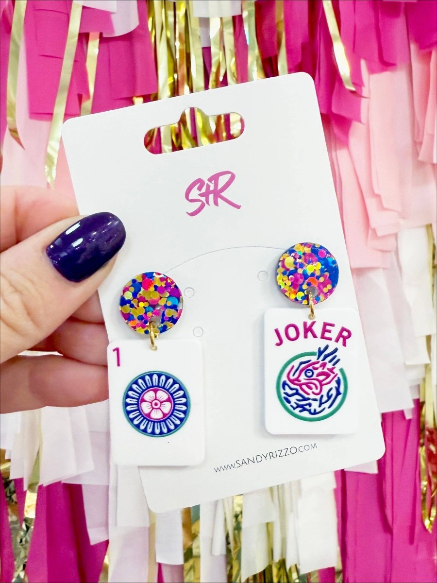 Joker Jewel Tone Acrylic Mahjong Dangle Earring - Revel Boutique