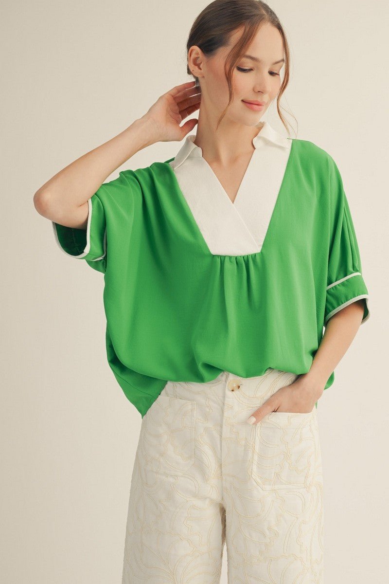 Kelly Collar Top - Green - Revel Boutique