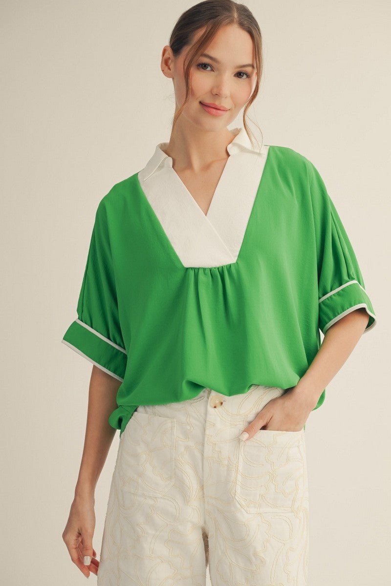 Kelly Collar Top - Green - Revel Boutique
