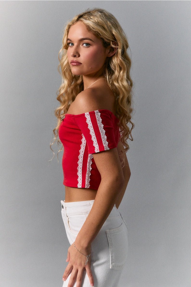 Lace Trim Crop -Red - Revel Boutique