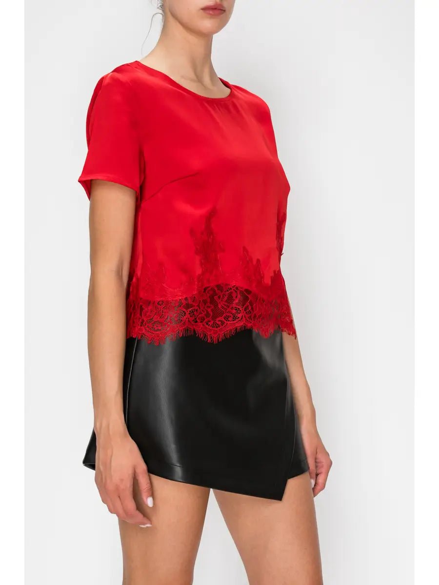 Lace Trim Silk Blouse-Red - Revel Boutique