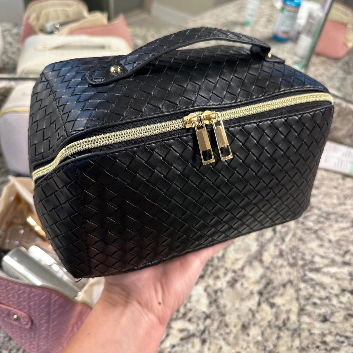 Large Quilted Makeup Bag - Black - Revel Boutique