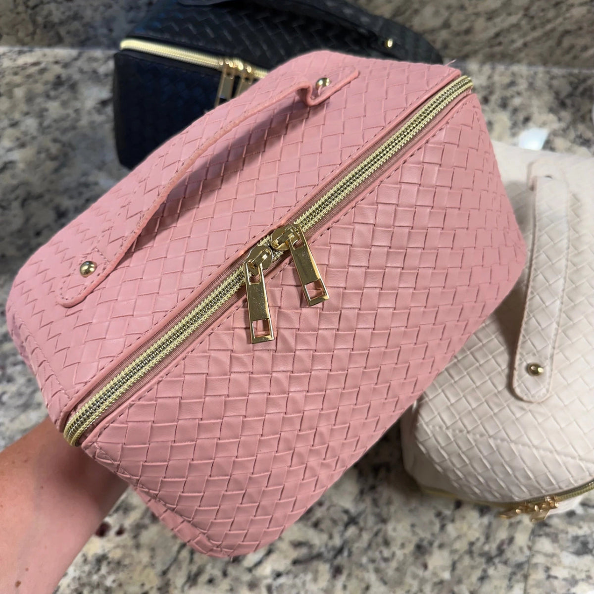 Large Quilted Makeup Bag - Pink - Revel Boutique