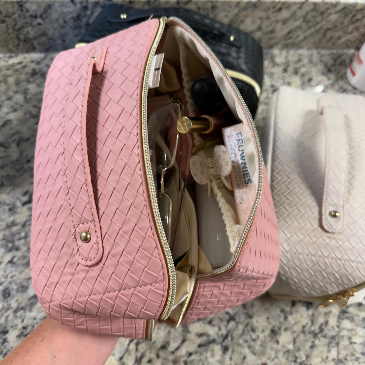 Large Quilted Makeup Bag - Pink - Revel Boutique