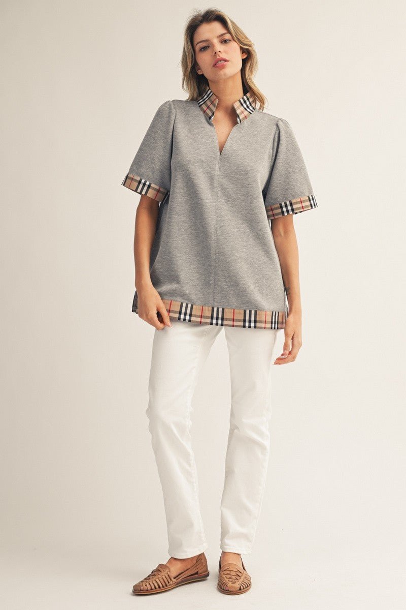 London Plaid Contrast Top - Grey - Revel Boutique