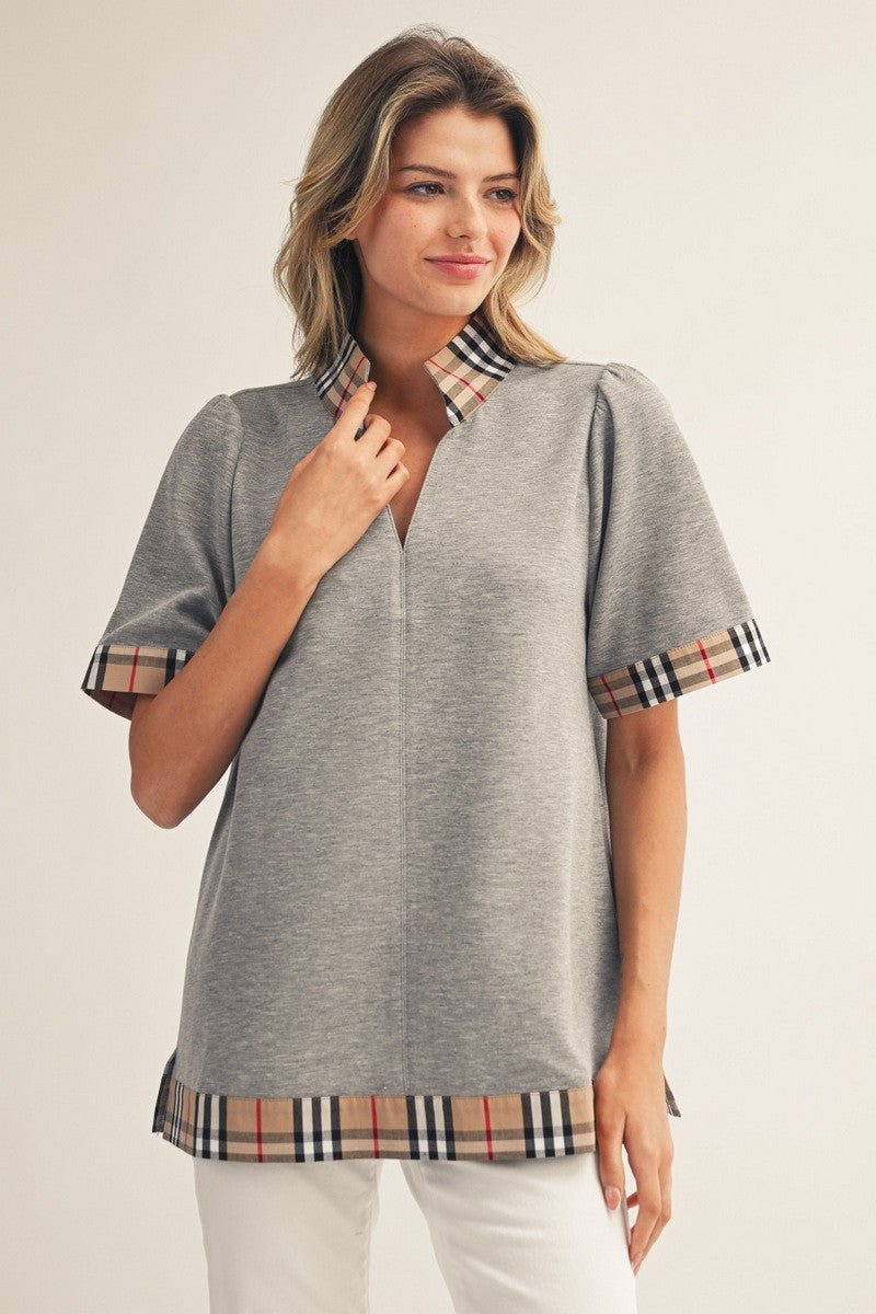 London Plaid Contrast Top - Grey - Revel Boutique