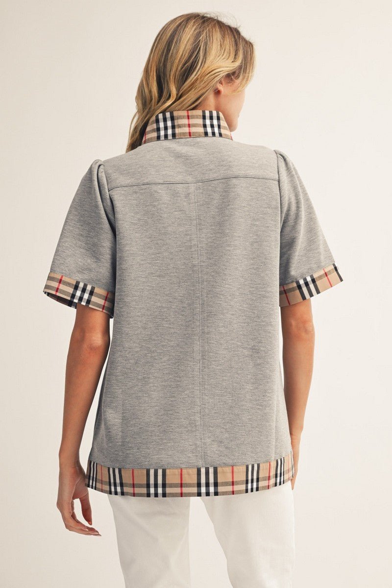 London Plaid Contrast Top - Grey - Revel Boutique