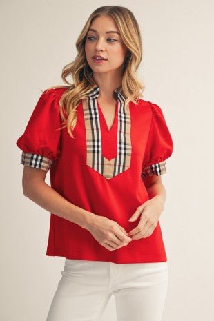London Plaid Puff Blouse - Red - Revel Boutique
