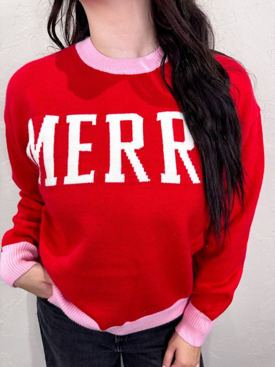 Merry Contrast Sweater - Red - Revel Boutique