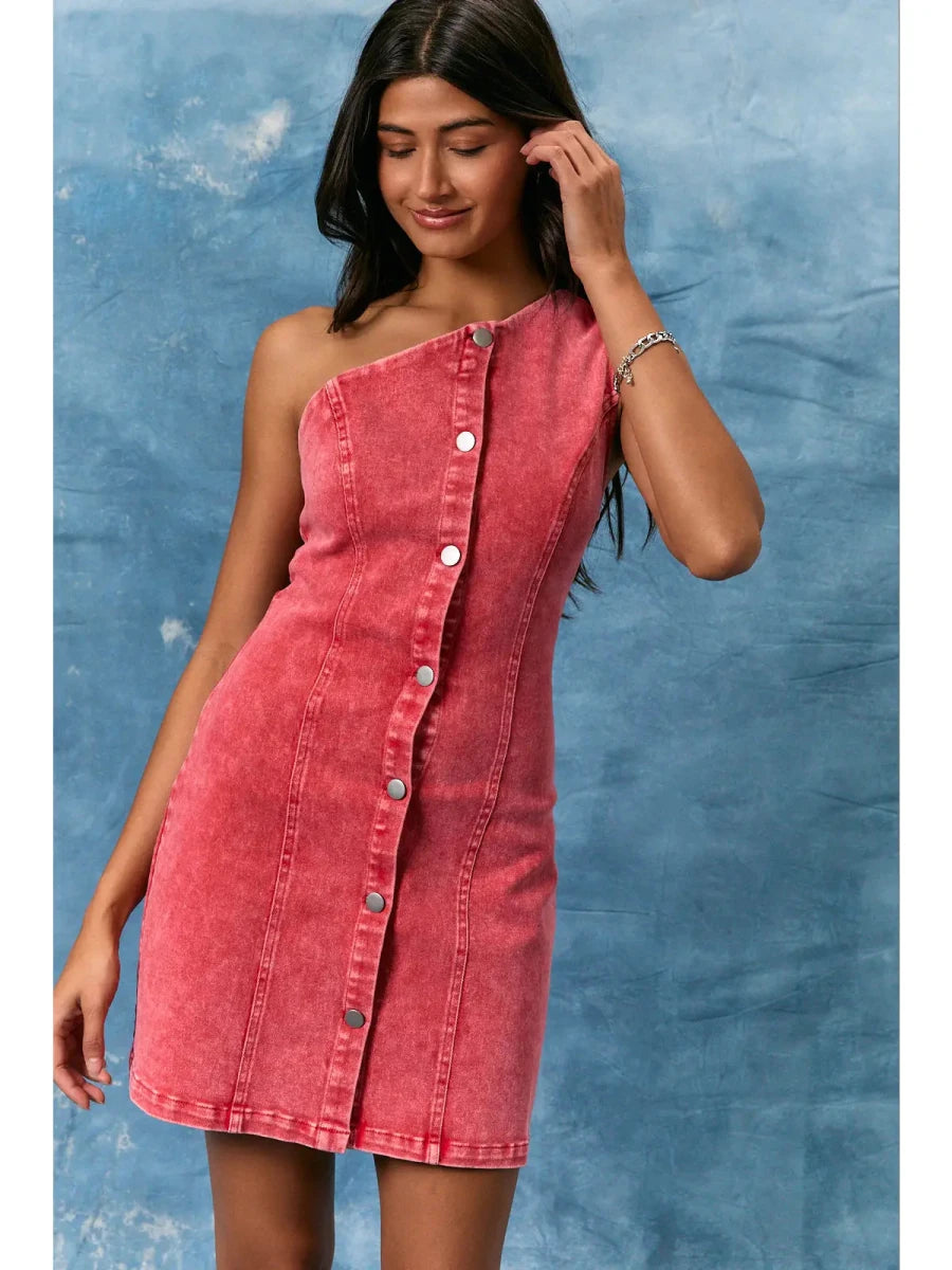 One Shoulder Denim Dress - Revel Boutique