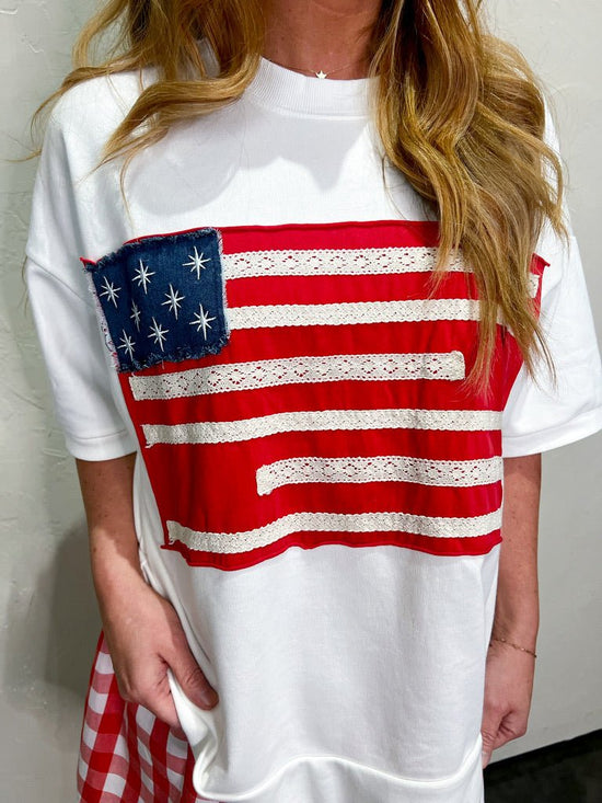 Patchwork Flag Terry Top - White - Revel Boutique