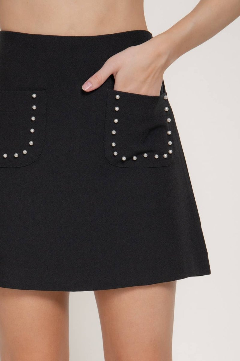 Pearl Trim Mini Skirt: Black - Revel Boutique