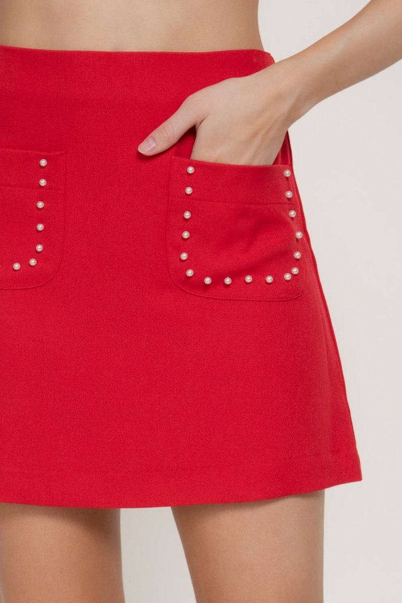 Pearl Trim Mini Skirt: RED - Revel Boutique