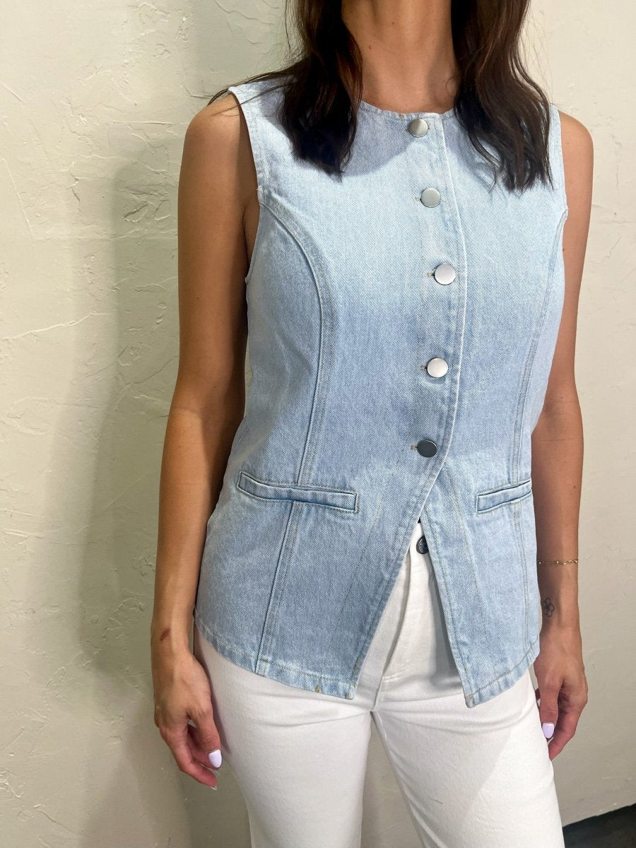Rhett Button Front Vest - Lt Denim - Revel Boutique