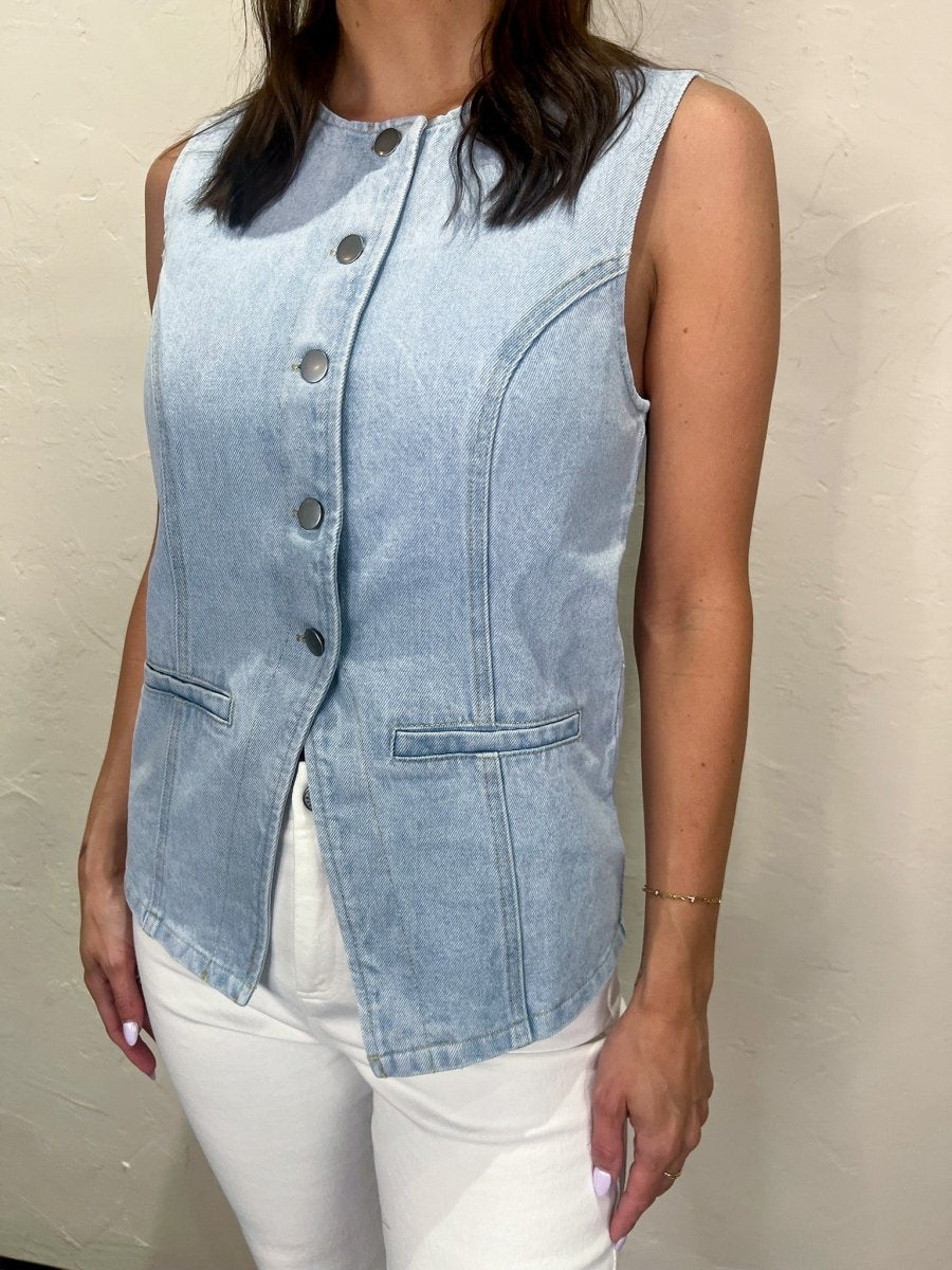 Rhett Button Front Vest - Lt Denim - Revel Boutique