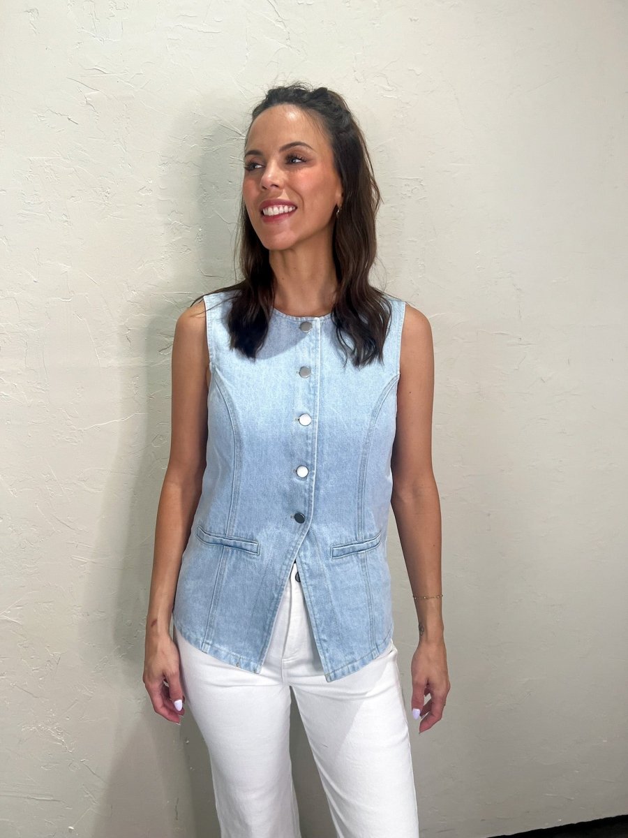 Rhett Button Front Vest - Lt Denim - Revel Boutique