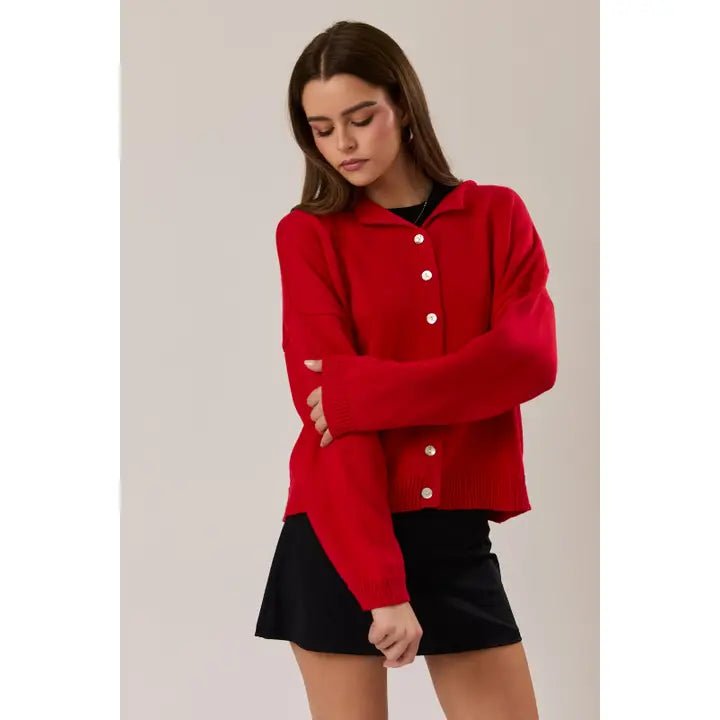Rolled Hem Cardigan -Red - Revel Boutique