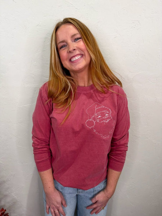 Santa Embroidered Long Sleeve Tee - Revel Boutique