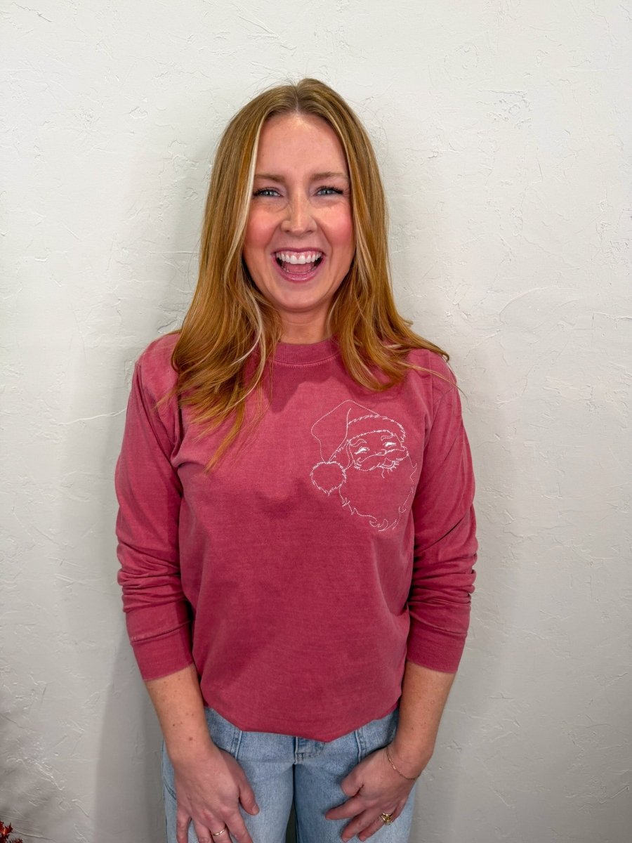 Santa Embroidered Long Sleeve Tee - Revel Boutique
