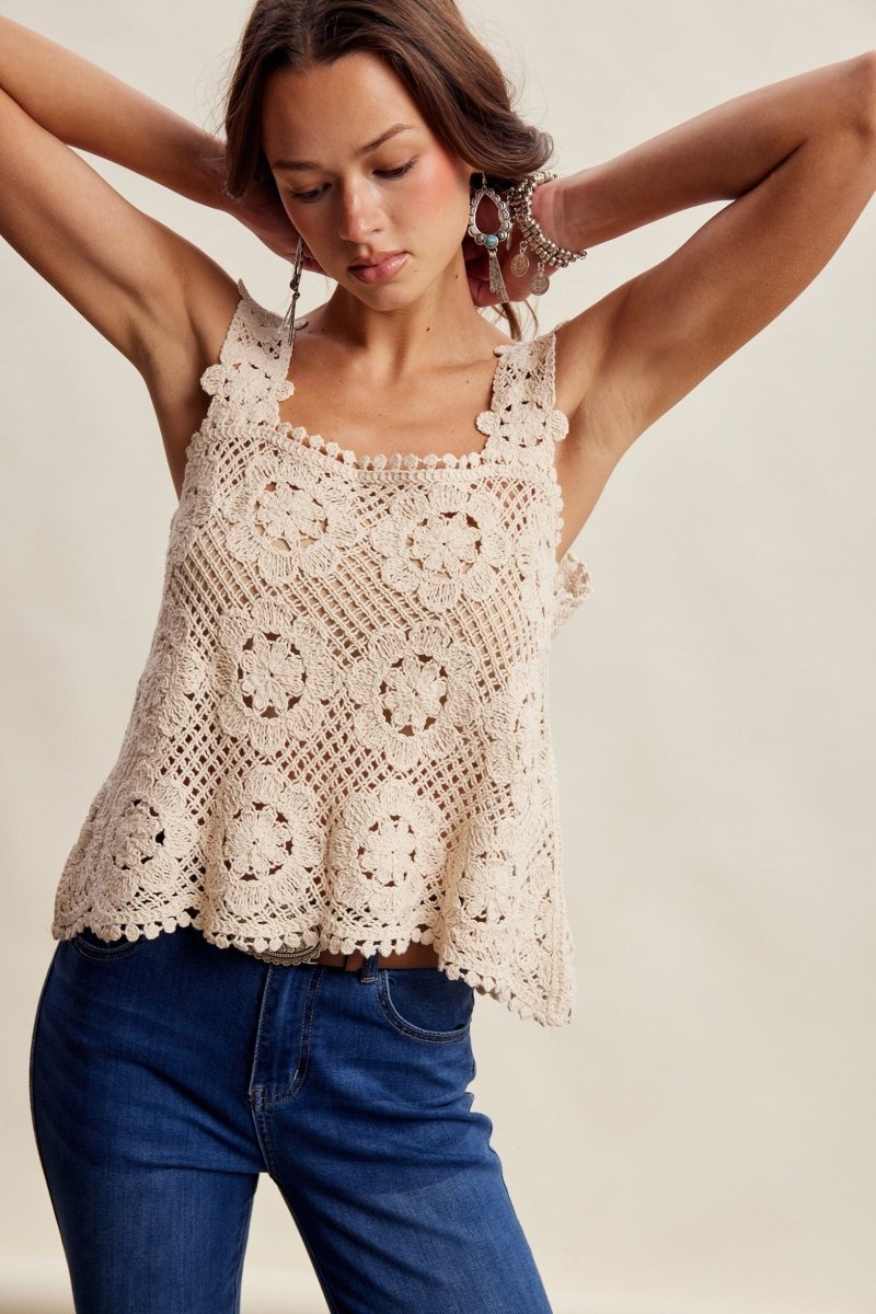 Square Neck Crochet Tank - Ecru - Revel Boutique