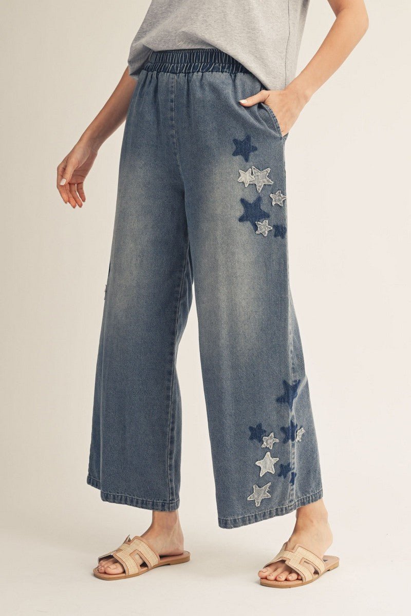 Star Patch Wide Leg Denim Pants - Revel Boutique