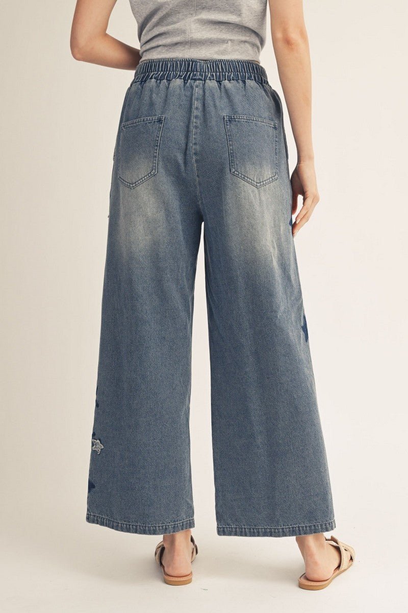 Star Patch Wide Leg Denim Pants - Revel Boutique