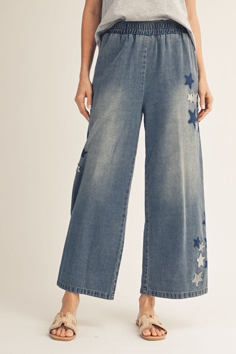 Star Patch Wide Leg Denim Pants - Revel Boutique