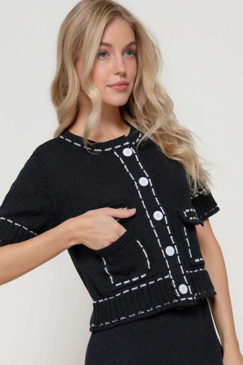 Stitched Sweater Cardigan: Black - Revel Boutique