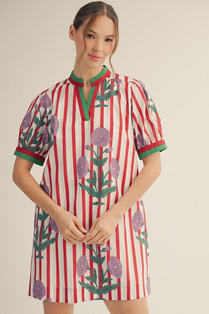 Stripe Floral Print Shift Dress - Red - Revel Boutique