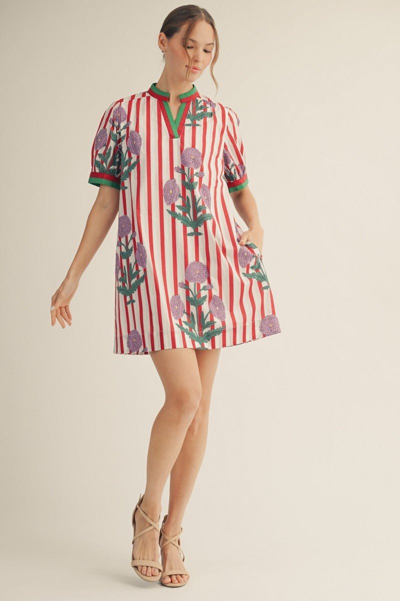 Stripe Floral Print Shift Dress - Red - Revel Boutique