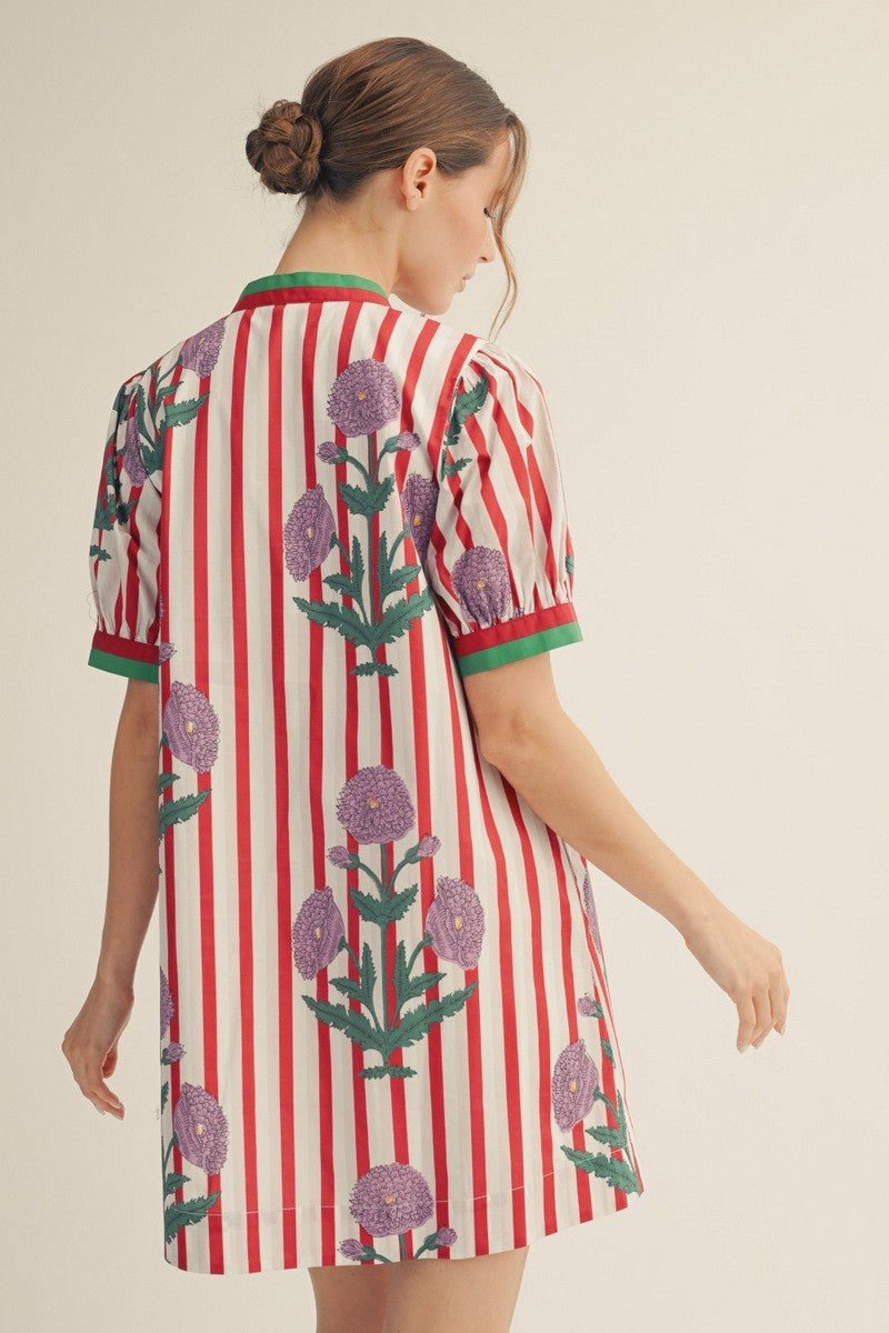 Stripe Floral Print Shift Dress - Red - Revel Boutique