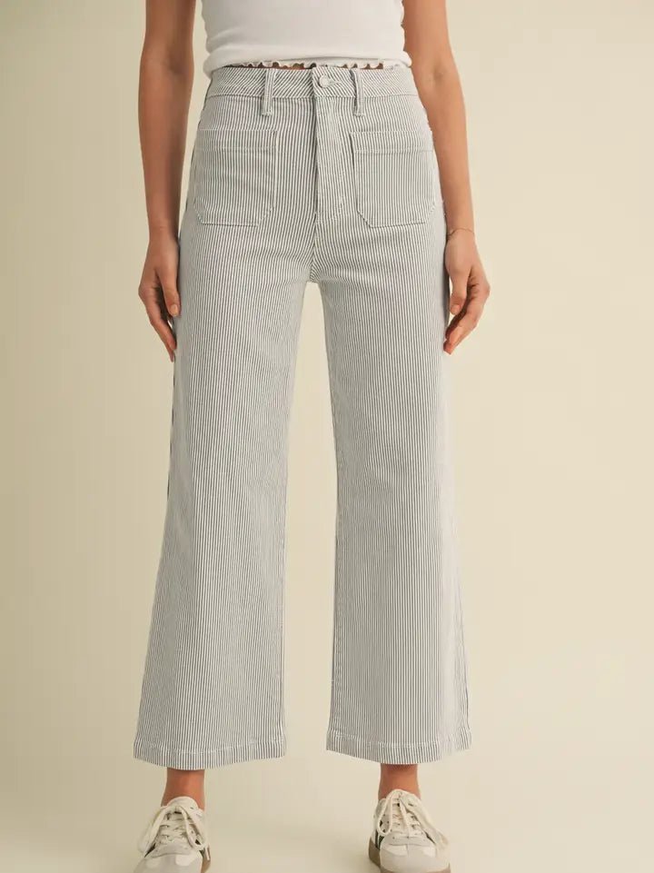 Stripe Wide Leg Patch Pocket Jean - Navy - Revel Boutique