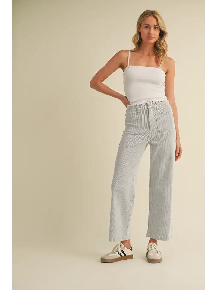 Stripe Wide Leg Patch Pocket Jean - Navy - Revel Boutique