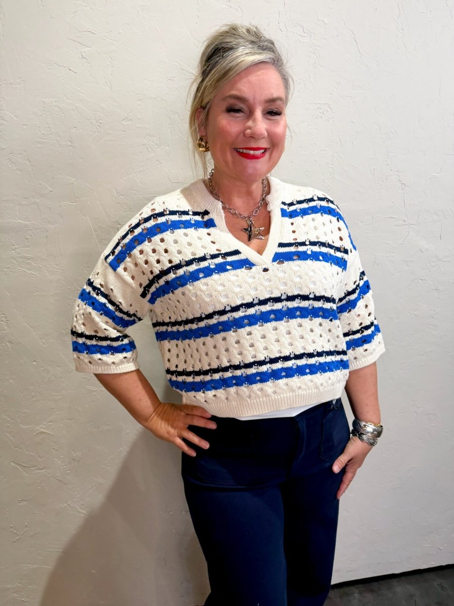 Trinity Crochet Sweater - Blue/White - Revel Boutique