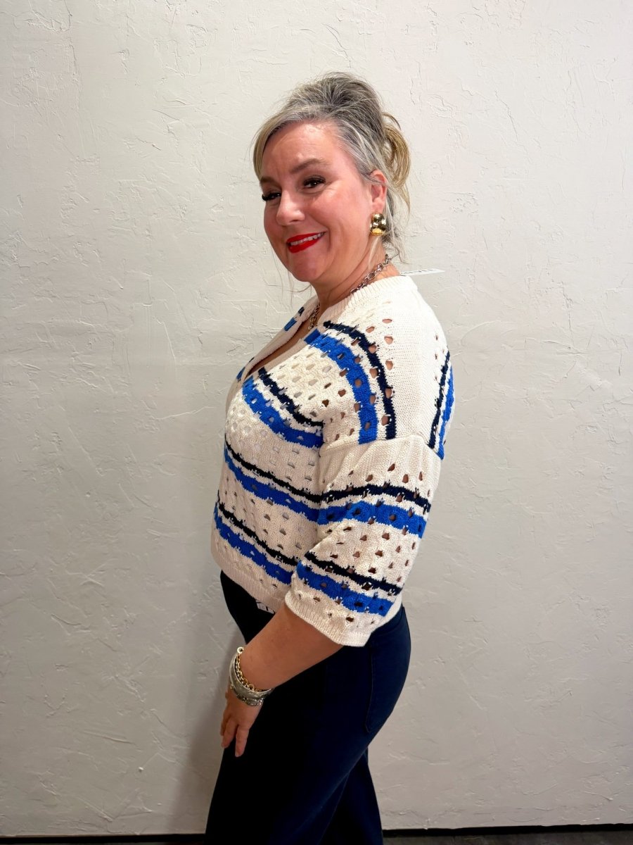Trinity Crochet Sweater - Blue/White - Revel Boutique