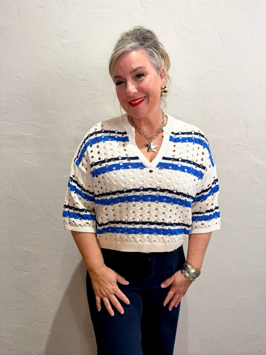 Trinity Crochet Sweater - Blue/White - Revel Boutique