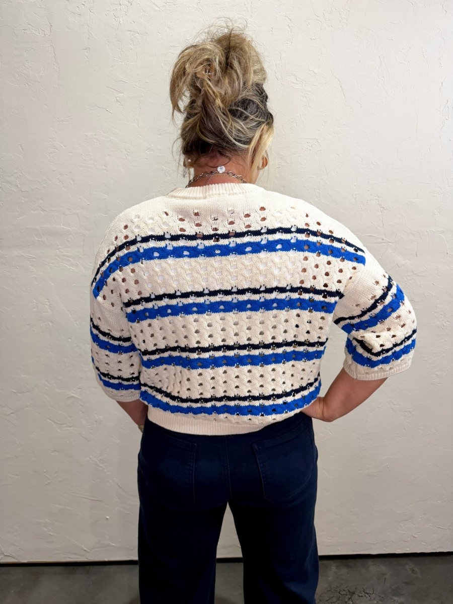 Trinity Crochet Sweater - Blue/White - Revel Boutique