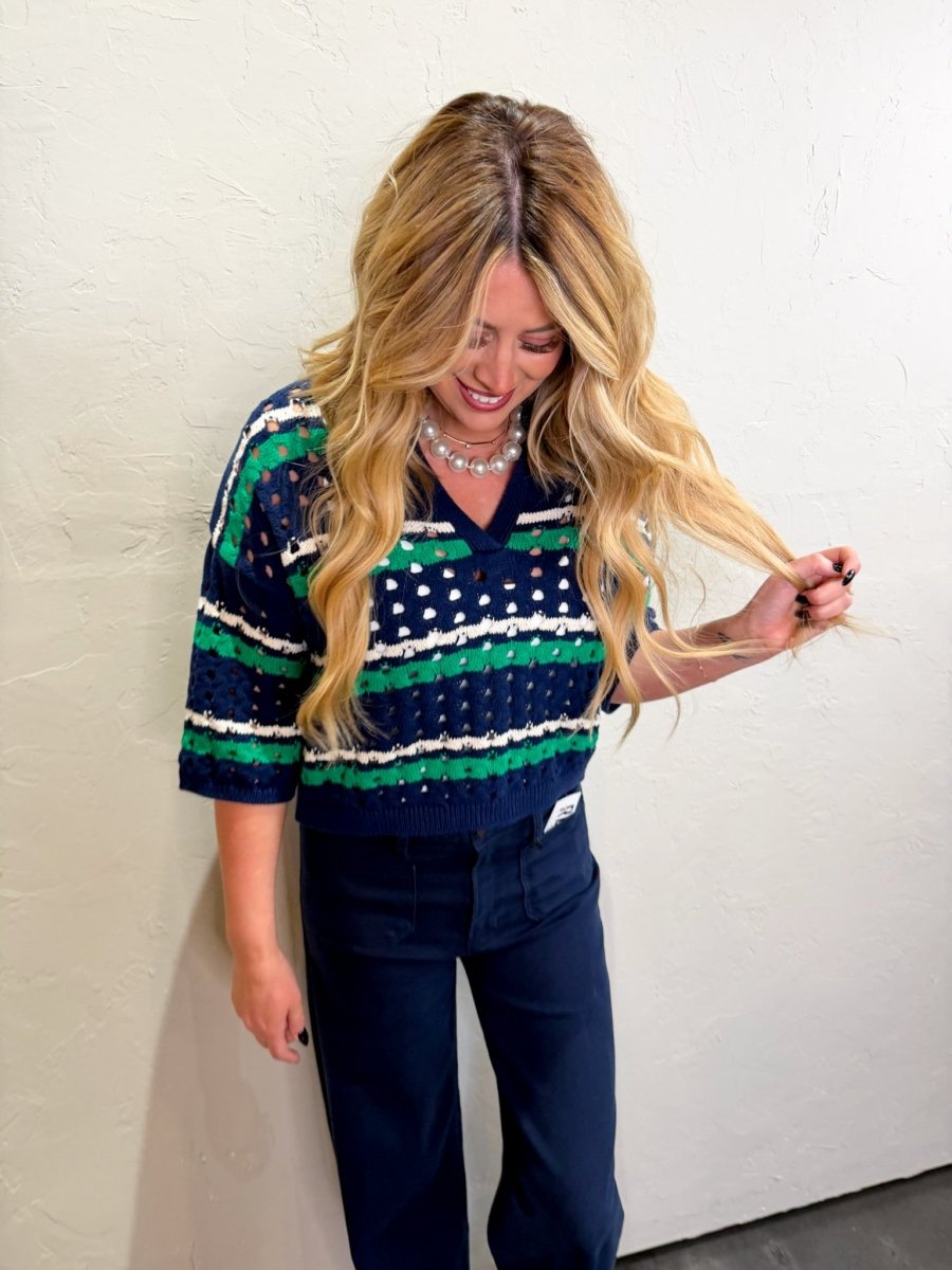 Trinity Crochet Sweater - Navy - Revel Boutique