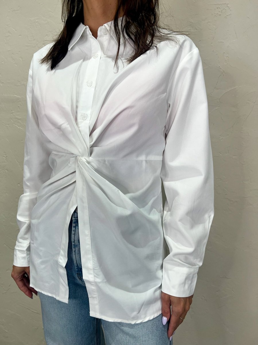 Twist Up Button Down - White - Revel Boutique