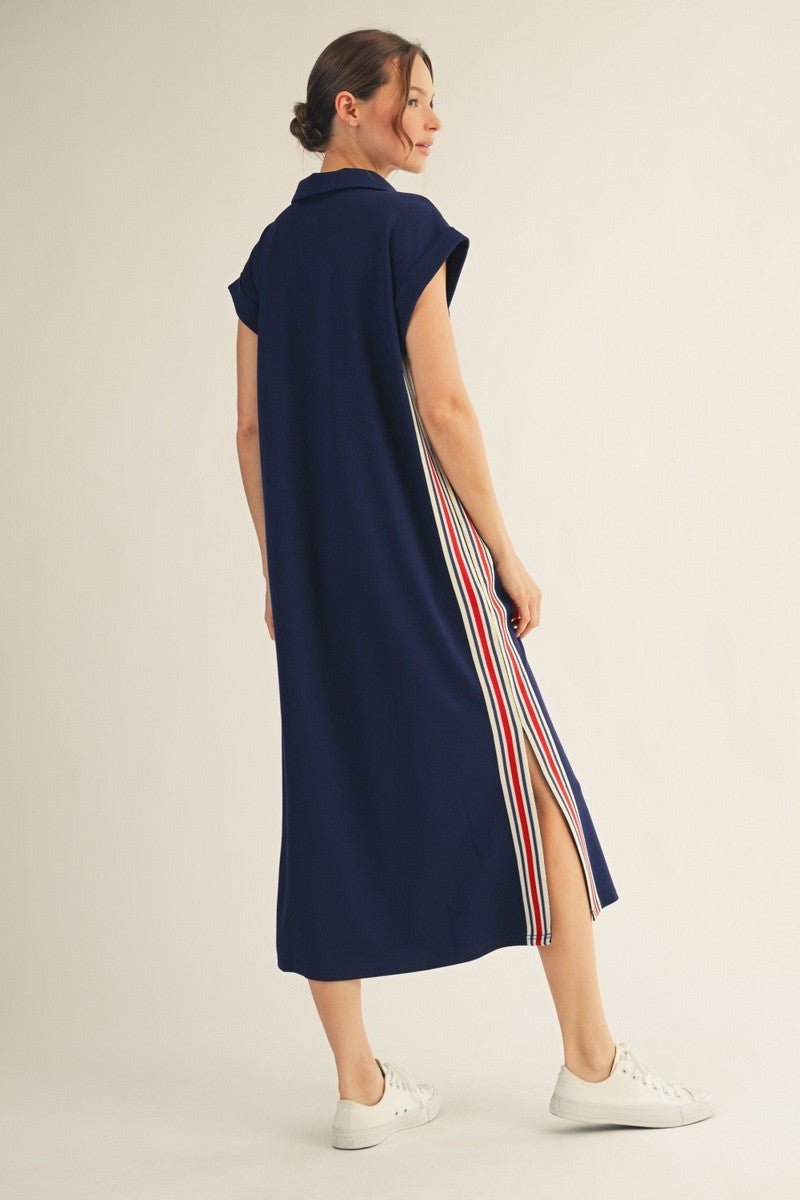 Varsity Side Slit Casual Midi Dress - Navy - Revel Boutique