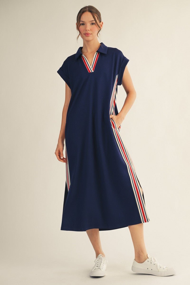 Revel Boutique Varsity Side Slit Casual Midi Dress