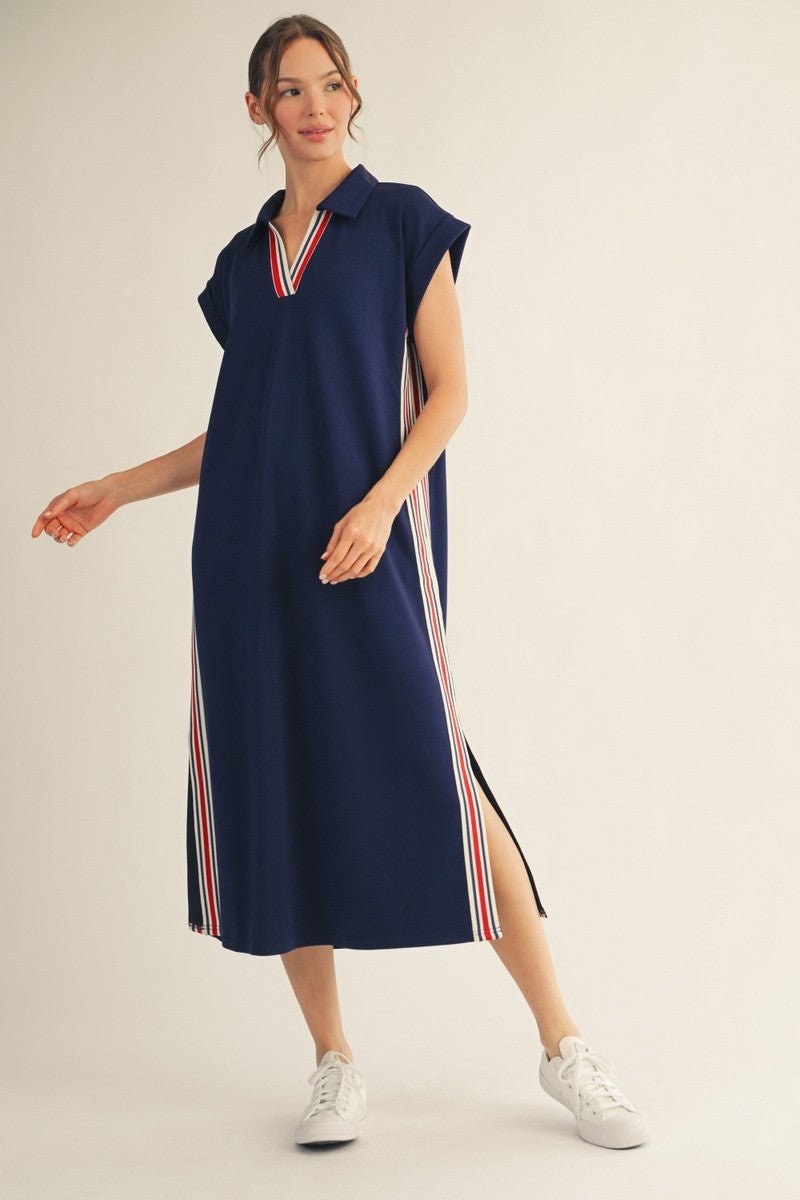 Varsity Side Slit Casual Midi Dress - Navy - Revel Boutique