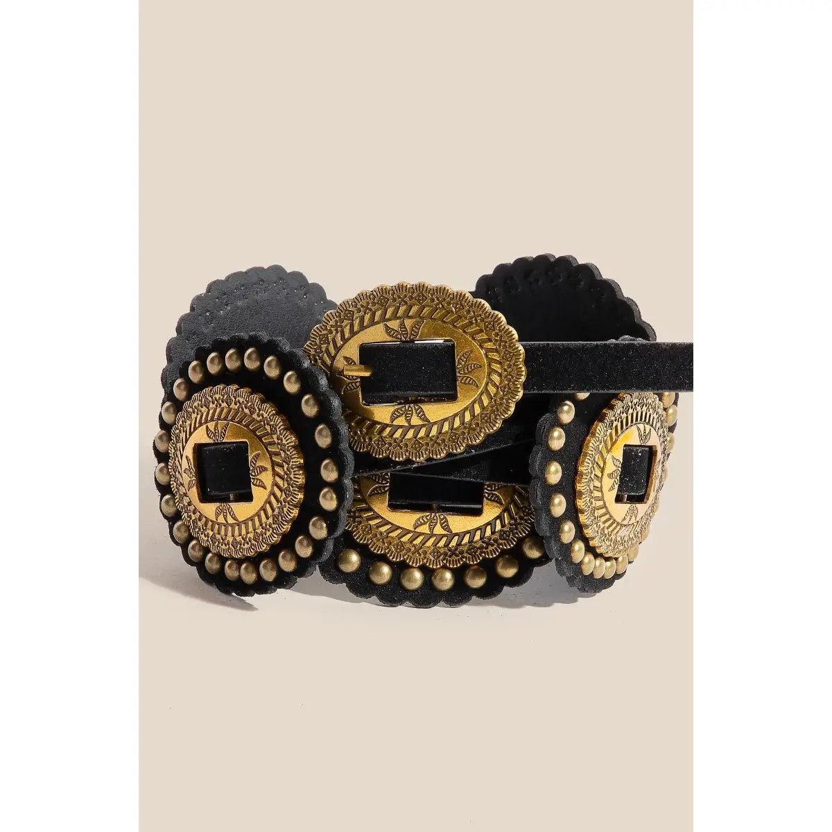 Western Concho Vegan Leather Belt - Black - Revel Boutique