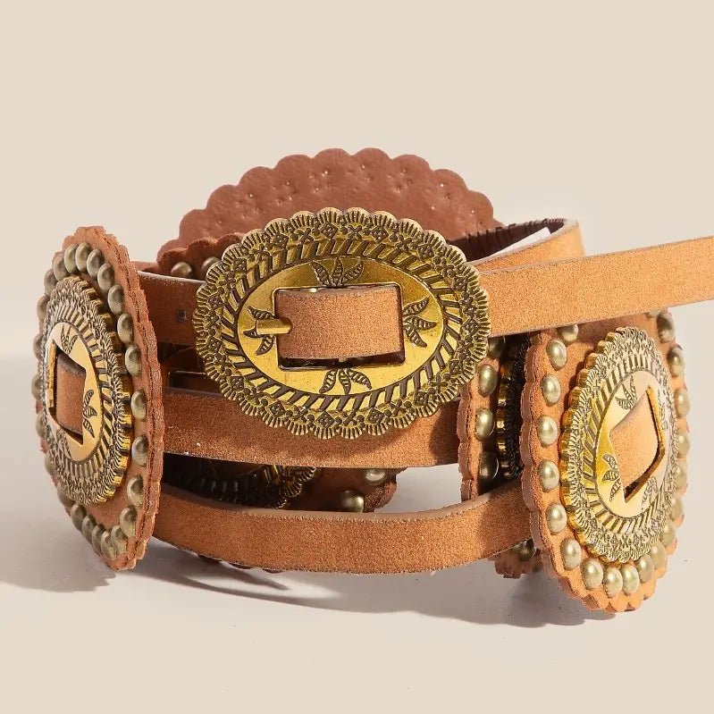 Western Concho Vegan Leather Belt - Tan - Revel Boutique